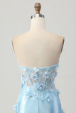 Sky Blue Satin Bodycon Strapless Sequins Short Homecoming Dress with Appliques