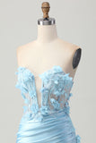 Sky Blue Satin Bodycon Strapless Sequins Short Homecoming Dress with Appliques