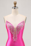 Fuchsia Strapless Beaded Bodycon Homecoming Dress with Slit