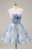 White Blue Flower A Line Corset Ruched Short Cocktail Dress