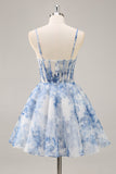 White Blue Flower A Line Corset Ruched Short Cocktail Dress