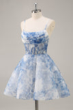 White Blue Flower A Line Corset Ruched Short Cocktail Dress