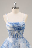 White Blue Flower A Line Corset Ruched Short Cocktail Dress