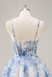 White Blue Flower A Line Corset Ruched Short Cocktail Dress