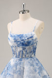 White Blue Flower A Line Corset Ruched Short Cocktail Dress
