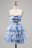 A Line Strapless Tiered Corset White Blue Flower Homecoming Dress with Lace Up Back