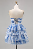A Line Strapless Tiered Corset White Blue Flower Homecoming Dress with Lace Up Back