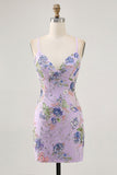 Bodycon Short Floral Peacock Homecoming Dress with Sequins