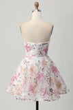 Sparkly A-Line Strapless Floral Short Homecoming Dress with Sequins