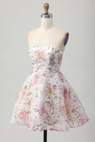 Sparkly A-Line Strapless Floral Short Homecoming Dress with Sequins