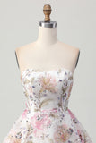 Sparkly A-Line Strapless Floral Short Homecoming Dress with Sequins
