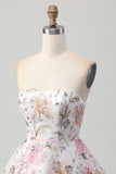Sparkly A-Line Strapless Floral Short Homecoming Dress with Sequins