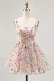 Sparkly Floral A-line Square Neck Sequins Short Homecoming Dress with Lace Up Back