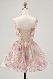 Sparkly Floral A-line Square Neck Sequins Short Homecoming Dress with Lace Up Back