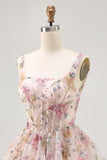 Sparkly Floral A-line Square Neck Sequins Short Homecoming Dress with Lace Up Back