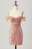Dusty Rose Bodycon Off The Shoulder Corset Short Homecoming Dress with Beading