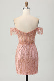 Dusty Rose Bodycon Off The Shoulder Corset Short Homecoming Dress with Beading