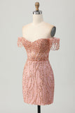 Dusty Rose Bodycon Off The Shoulder Corset Short Homecoming Dress with Beading