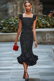 Mermaid Black White Polka Dots Dress with Ruffles