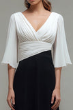 Black White Chiffon Pleated A Line V Neck Formal Dress