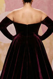 Dark Red A Line Velvet Off The Shoulder Plus Size Maxi Dress with Long Sleeves