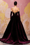 Dark Red Sweetheart A Line Long Velvet Dress with Long Sleeves
