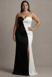 Sweetheart Sheath Black and White Plus Size Long Evening Dress with Slit