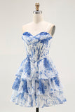 Strapless White Blue Flower Corset A-Line Tiered Short Cocktail Dress