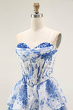 Strapless White Blue Flower Corset A-Line Tiered Short Cocktail Dress