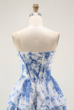 Strapless White Blue Flower Corset A-Line Tiered Short Cocktail Dress
