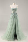 Sparkly Green A Line Strapless Sequins Corset Tulle Long Prom Dress With Slit