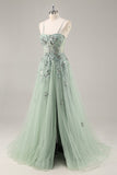 Sparkly Green A Line Strapless Sequins Corset Tulle Long Prom Dress With Slit