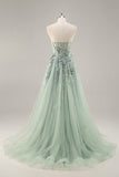 Sparkly Green A Line Strapless Sequins Corset Tulle Long Prom Dress With Slit