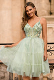 Green A Line Appliqued Corset Short Ball Dress