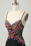 Black Bodycon Flower Spaghetti Straps Mini Homecoming Dress