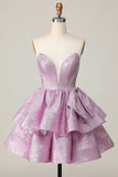 Light Purple A Line Strapless Lace Up Back Tiered Homecoming Dress with Bow