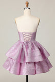 Light Purple A Line Strapless Lace Up Back Tiered Homecoming Dress with Bow