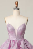 Light Purple A Line Strapless Lace Up Back Tiered Homecoming Dress with Bow