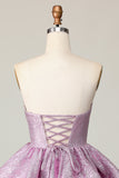 Light Purple A Line Strapless Lace Up Back Tiered Homecoming Dress with Bow