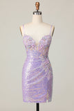 Sparkly Lilac Bodycon Corset Sequins Homecoming Dress with 3D Flowers