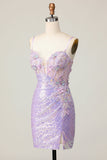 Sparkly Lilac Bodycon Corset Sequins Homecoming Dress with 3D Flowers