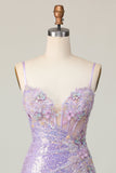 Sparkly Lilac Bodycon Corset Sequins Homecoming Dress with 3D Flowers