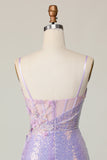 Sparkly Lilac Bodycon Corset Sequins Homecoming Dress with 3D Flowers