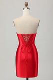 Red Bodycon Strapless Beaded Corset Homecoming Dress with Slit