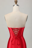 Red Bodycon Strapless Beaded Corset Homecoming Dress with Slit
