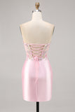 Candy Pink Satin Bodycon Short Corset Homecoming Dress with Applique
