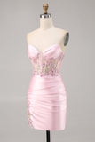Candy Pink Satin Bodycon Short Corset Homecoming Dress with Applique