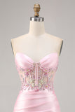 Candy Pink Satin Bodycon Short Corset Homecoming Dress with Applique