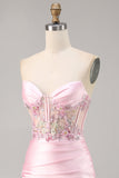 Candy Pink Satin Bodycon Short Corset Homecoming Dress with Applique