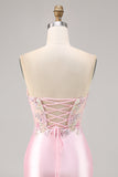 Candy Pink Satin Bodycon Short Corset Homecoming Dress with Applique